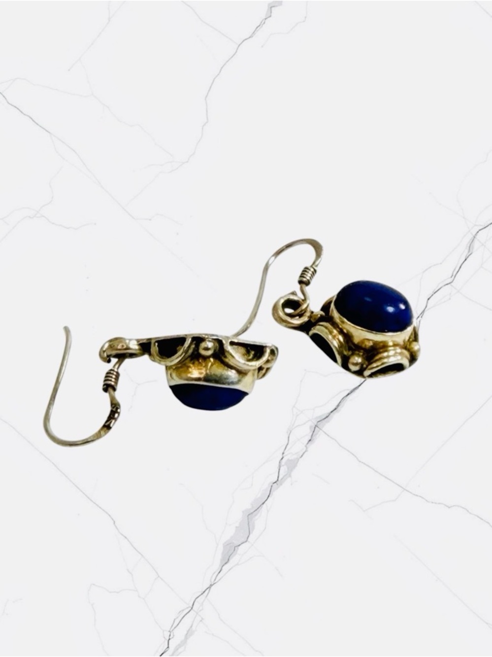 Vintage Sterling Silver Dangle Oval Blue Stone Lapis Lazuli ? Hook Earrings - Picture 3 of 8